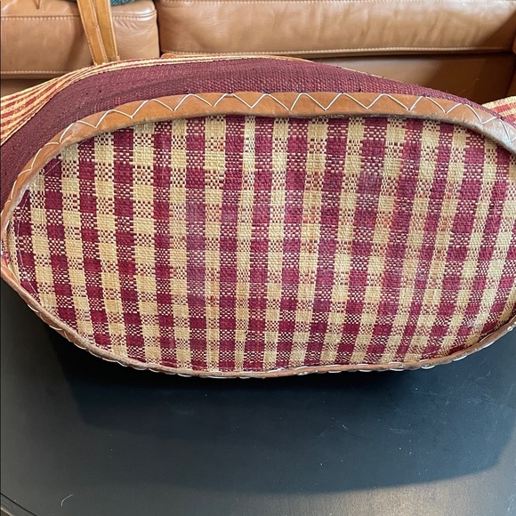 OOAK Gingham raffia and genuine leather giant Red and Tan Checkered Tote Bag - Picture 7 of 13